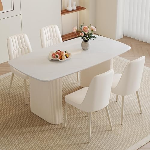 Ebullient Juego de mesa de comedor de 170 cm de blanco para 4, juego de mesa y sillas de cocina con elegante base de pedestal ondulada, juego de