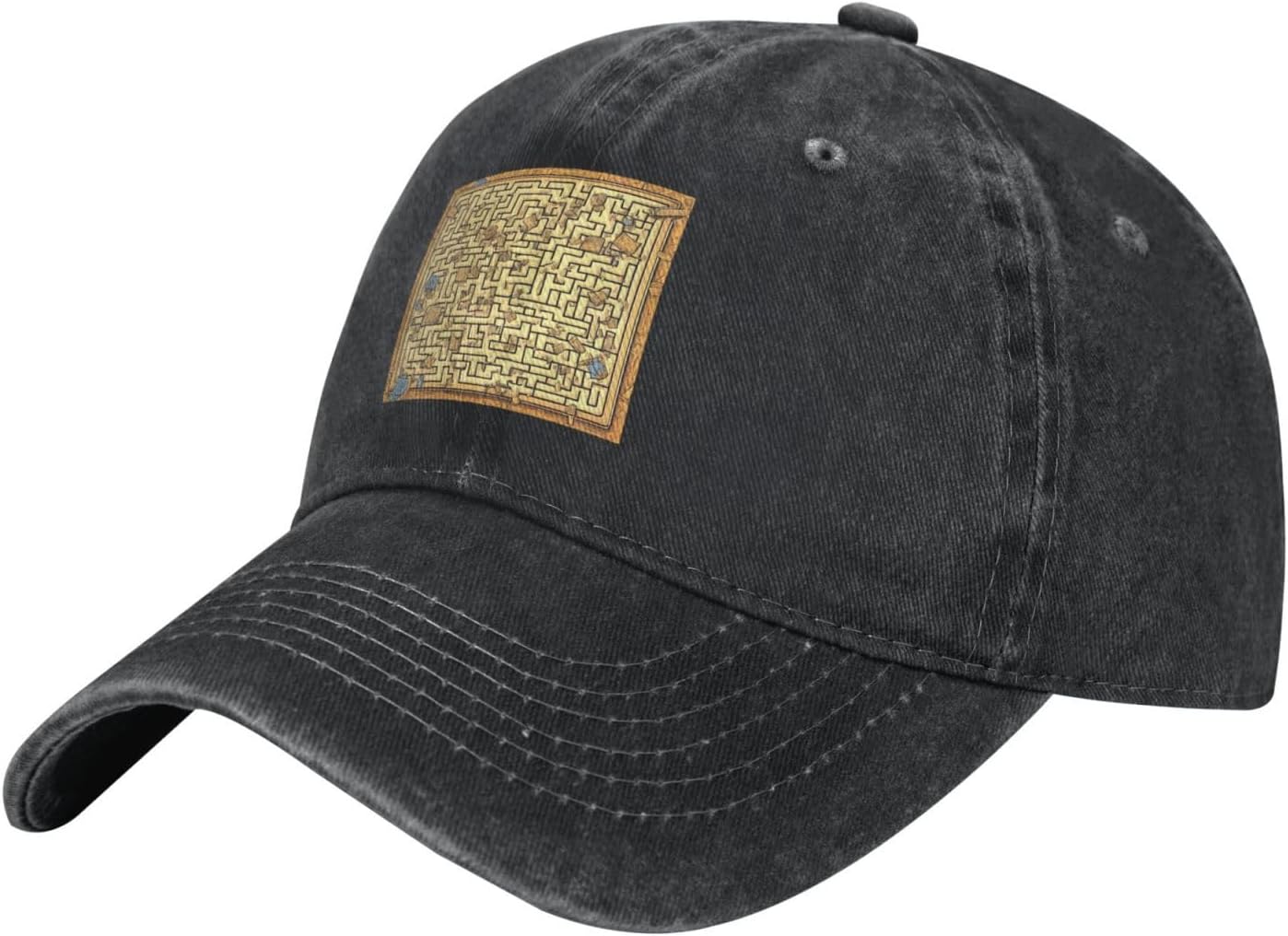 Black Classic Washed Denim Baseball Cap Treasure Maze Pattern Adjustable Cotton Hat for Men & Women