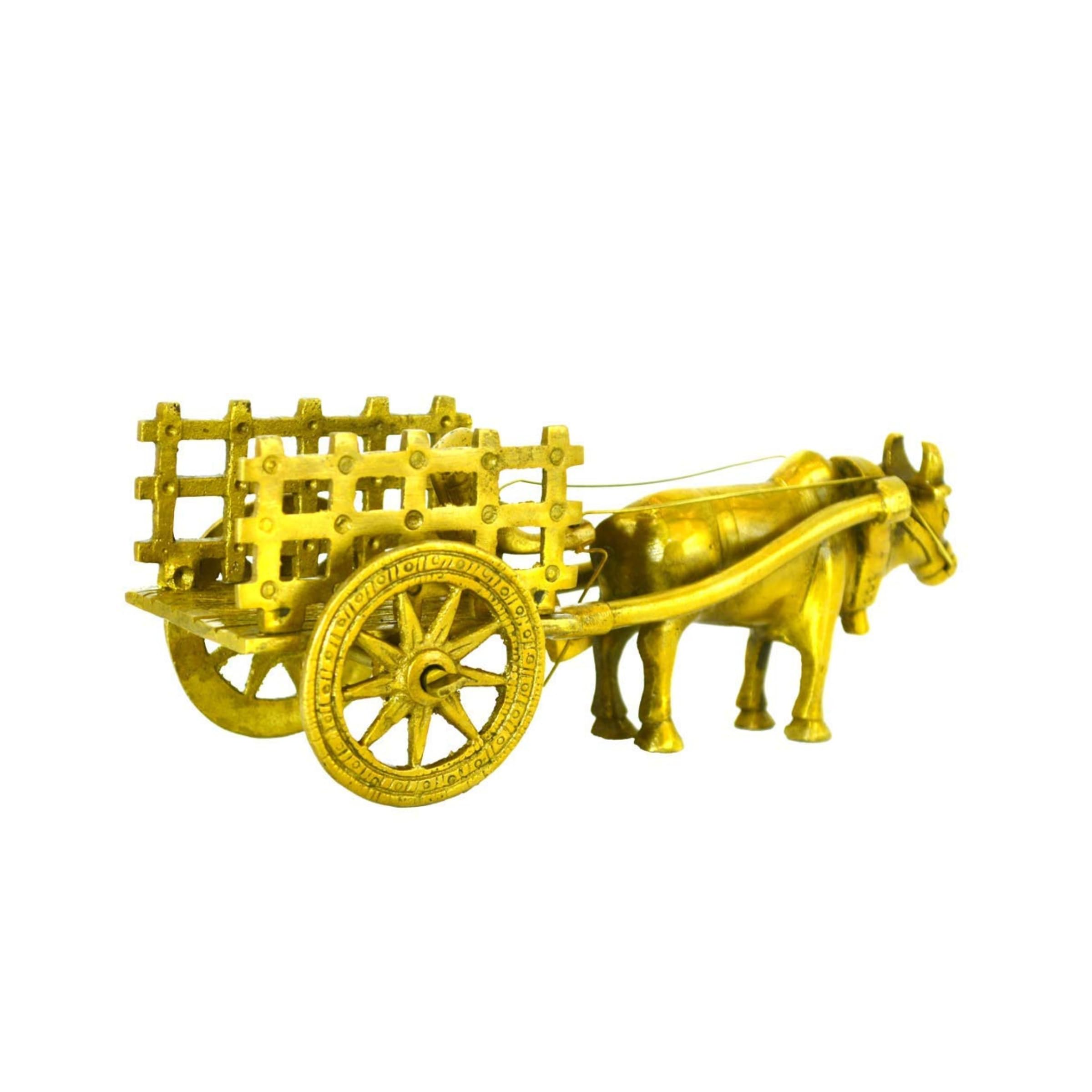 Handcrafted Brass Bullock Cart – Exquisite Indian Village Bail Gadi with Open Jaali Design, Detailed Metal Pulled by Single Or Double Bullocks, Beautiful Decorative Piece of Artistry