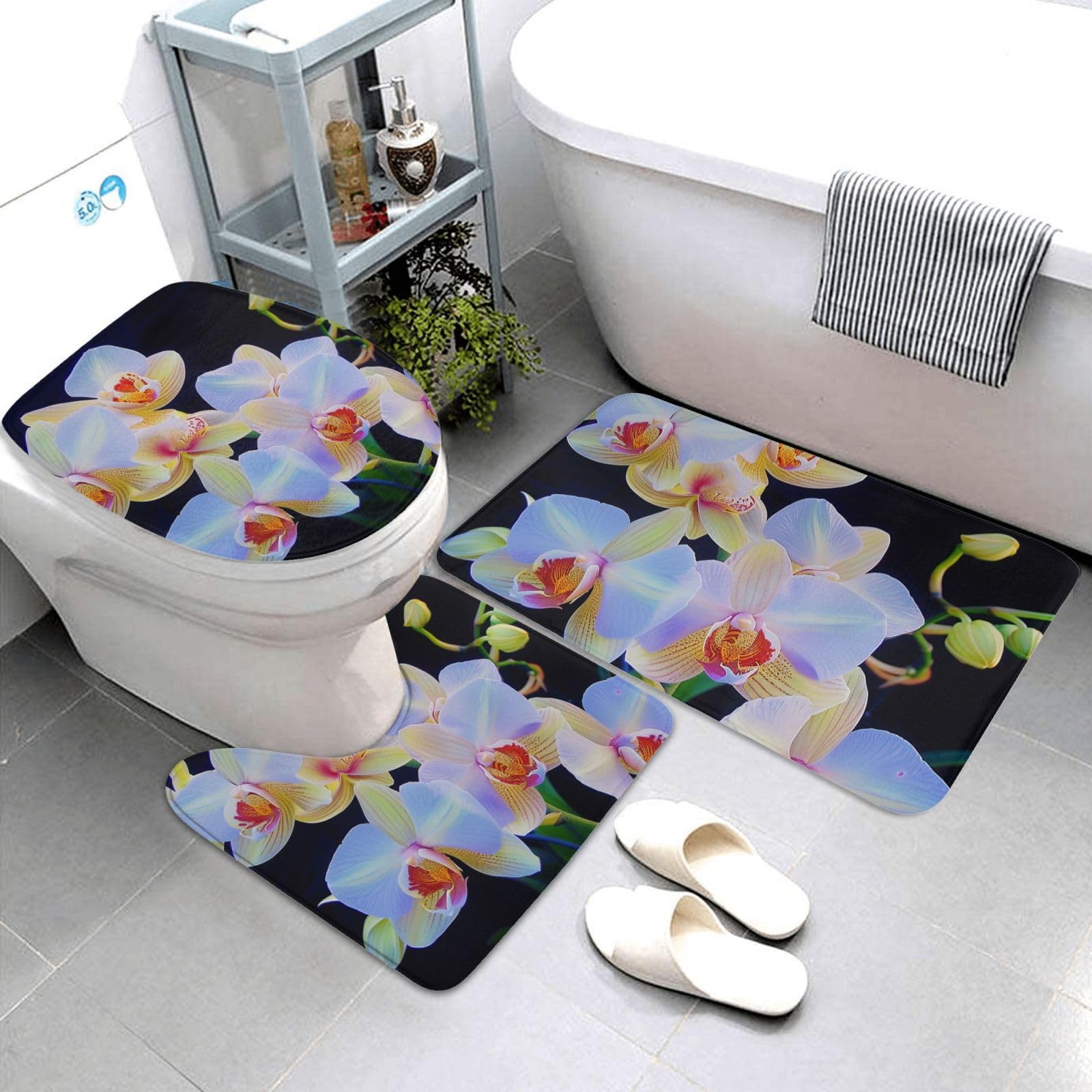 Lot de 3 tapis de bain en flanelle avec motif orchidées, tapis de bain + tapis contour + housse de siège de toilette, tapis de bain antidérapant et absorbant