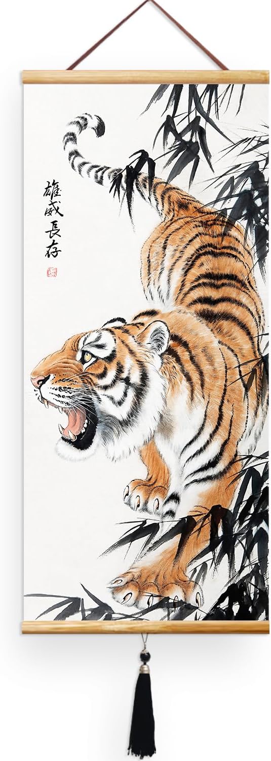 EAPEY Asian Scroll Wall Art Chinese Scroll Wall Hanging Art Japanese Scroll Art Chinese Wall Scroll Japanese Scroll Wall Art Tiger Decor Living Room