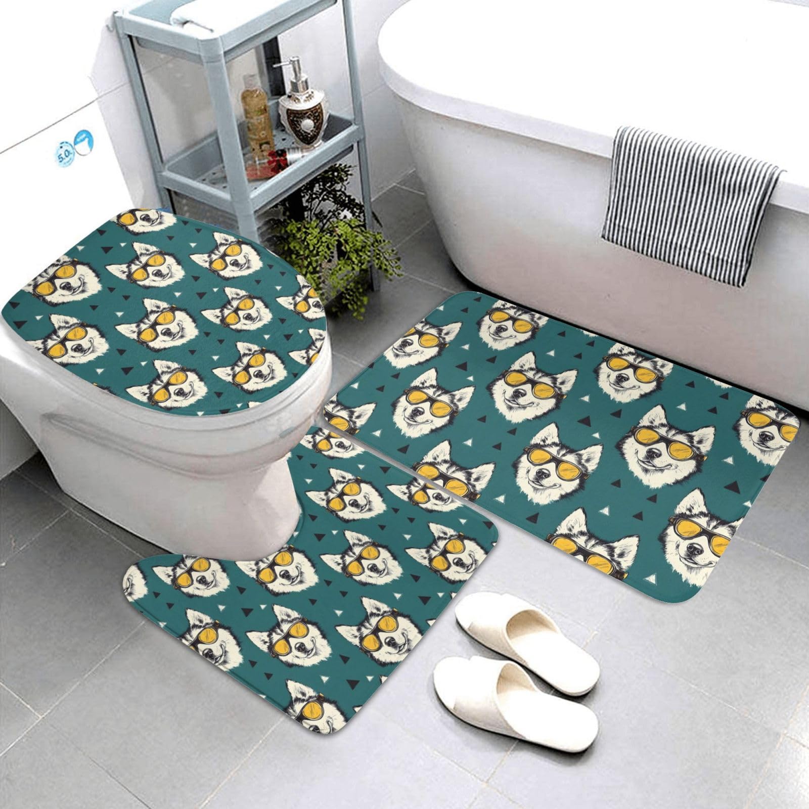 Tapis de salle de bain lavable en forme de U avec tapis de contour doux imprimé