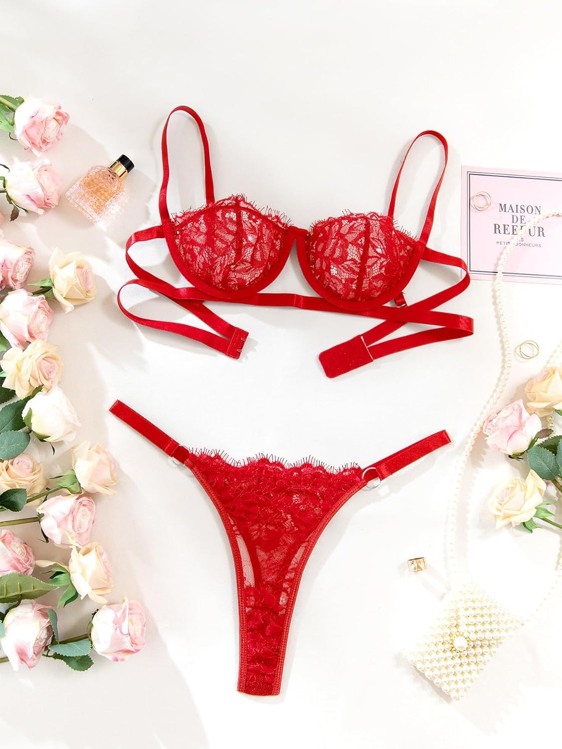 Lilosy Sexy Eyelash Underwire Floral Lace Sheer O Ring Linked Cutout Lingerie Set - Image 7