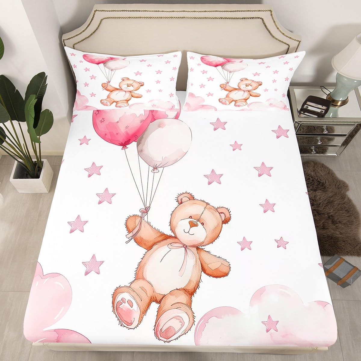 Lovely Bear Fitted Sheet Full Size,Cute Pink Stars Balloon Print Mattress Cover,1 Fitted + 2 Pillowcases,Watercolor Cloud Sky Kawaii White Deep Pocket Bed Cover (No Top Sheet),Polyester