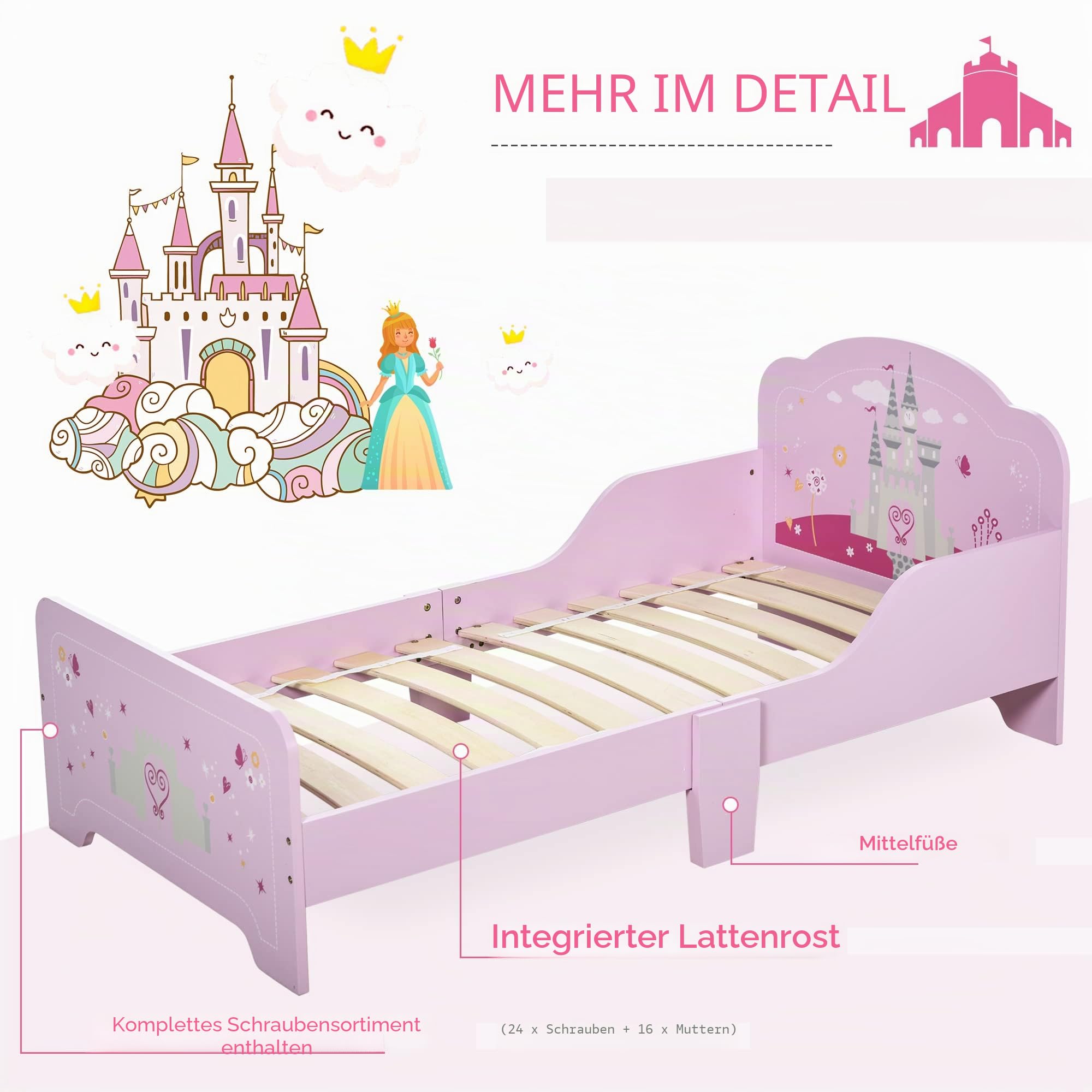 HOMCOM Kinderbett - Kinderbett Princess Design Schlossmotiv - Inklusive Lattenrost - MDF Sperrholz Rosa
