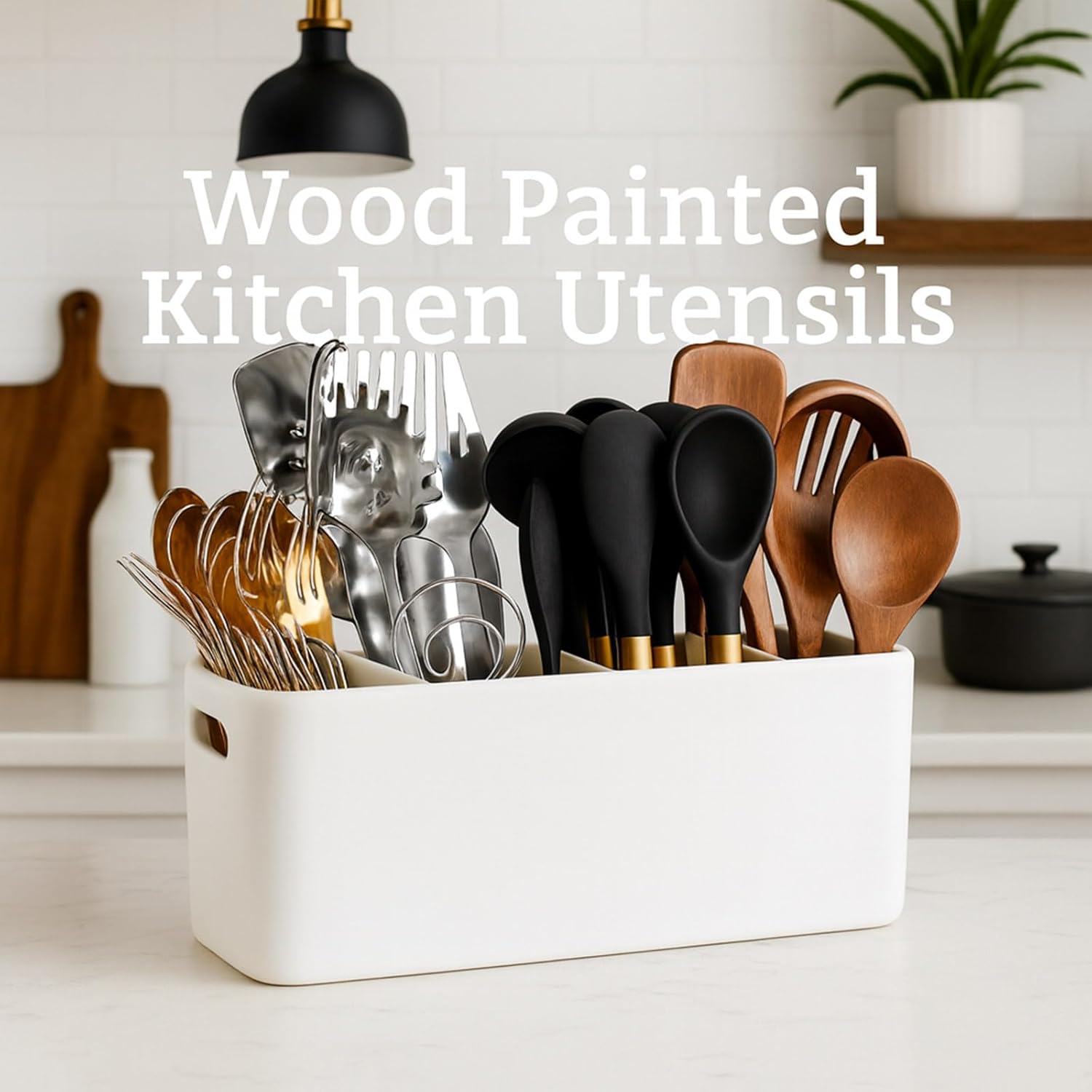White Wooden Utensil Holder for Counter or Countertop - Extra Large 4 Compartment Wood Utensil Organizer, Painted Spatula Holder, Silverware Crock, Kitchen Utensil Storage
