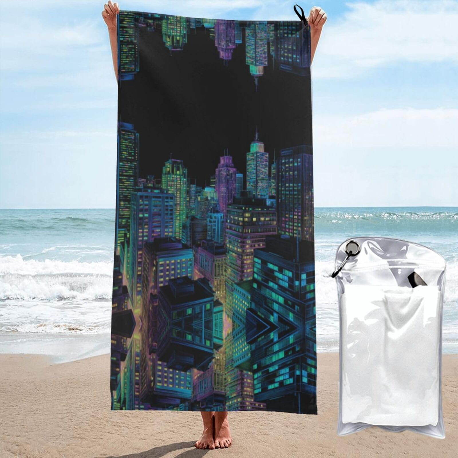 ESNAIUVCD Neon-Lit Cityscape Print Beach Towel, Microfibre Sauna Towel, Quick-Drying Fitness Towel, Lightweight And Thin Portable Sauna Towel
