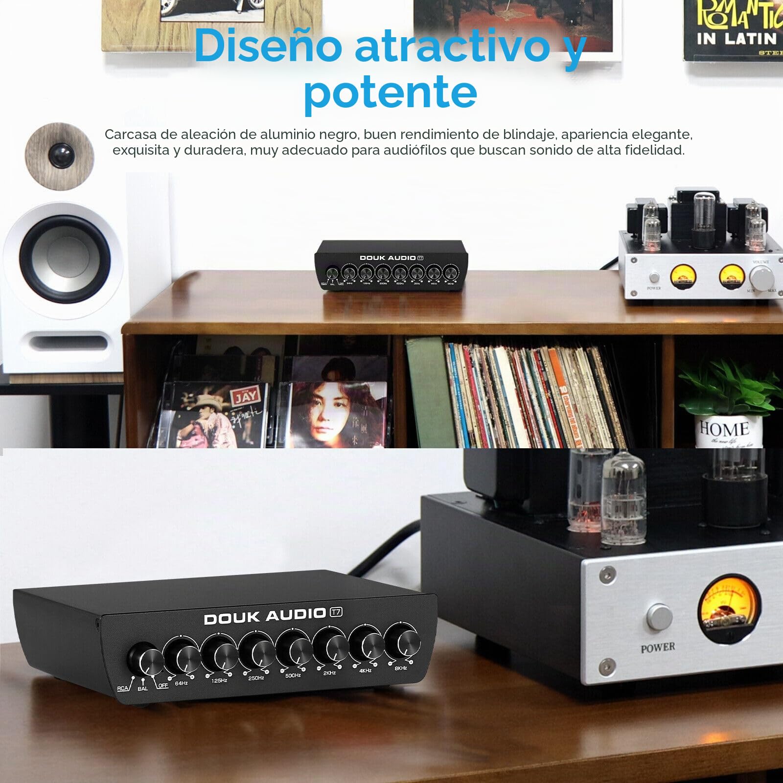 Douk Audio T7 Ecualizador de 7 bandas, preamplificador XLR/RCA simétrico para amplificador doméstico
