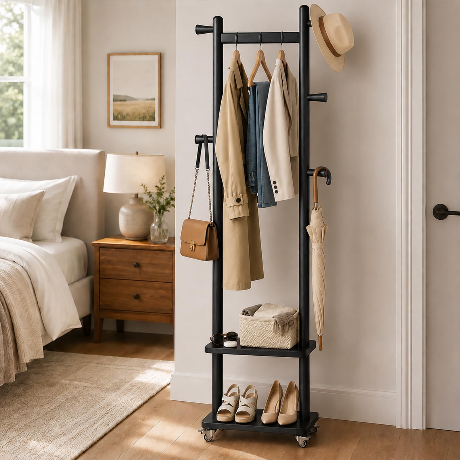 Photo 1 of Taitiy Solid Wood Coat Rack with Wheels