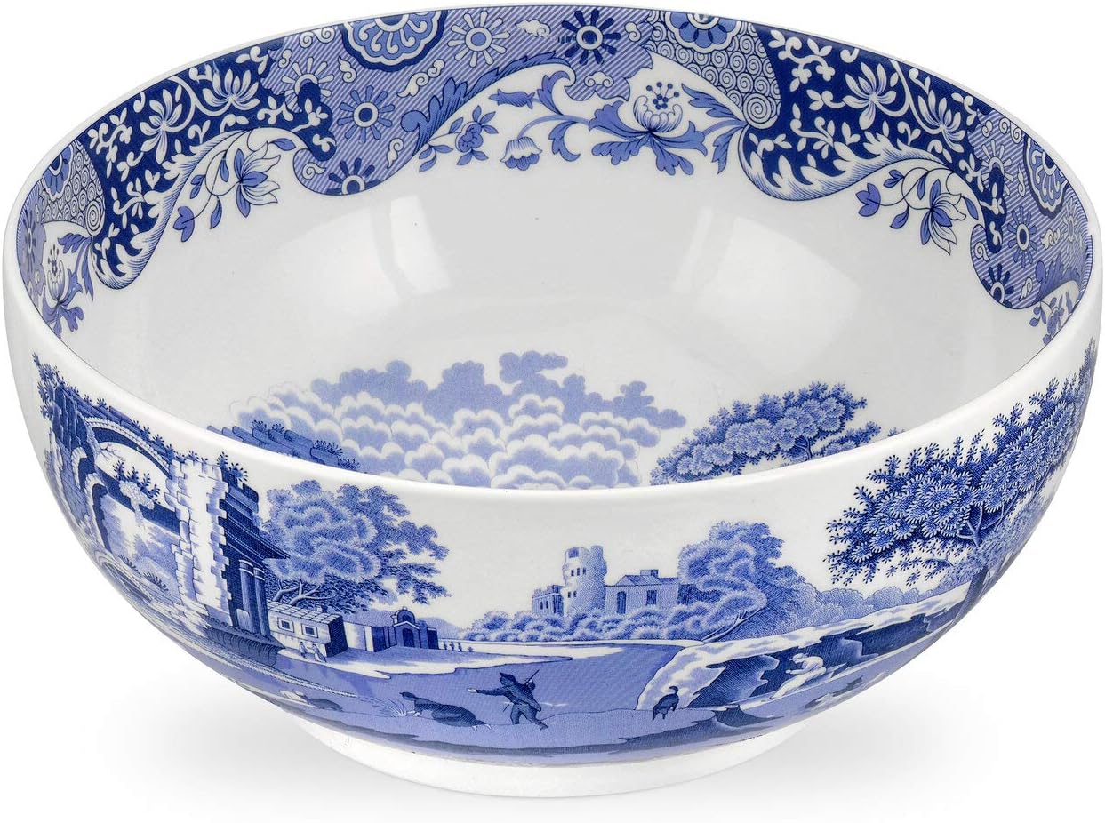 Spode Blue Italian Deep Round Bowl | 10.75 Inch Porcelain Serving Bowl for Salad | Fruit Display Dish for Kitchen Counter | Microwave and Dishwasher Safe | Made in England