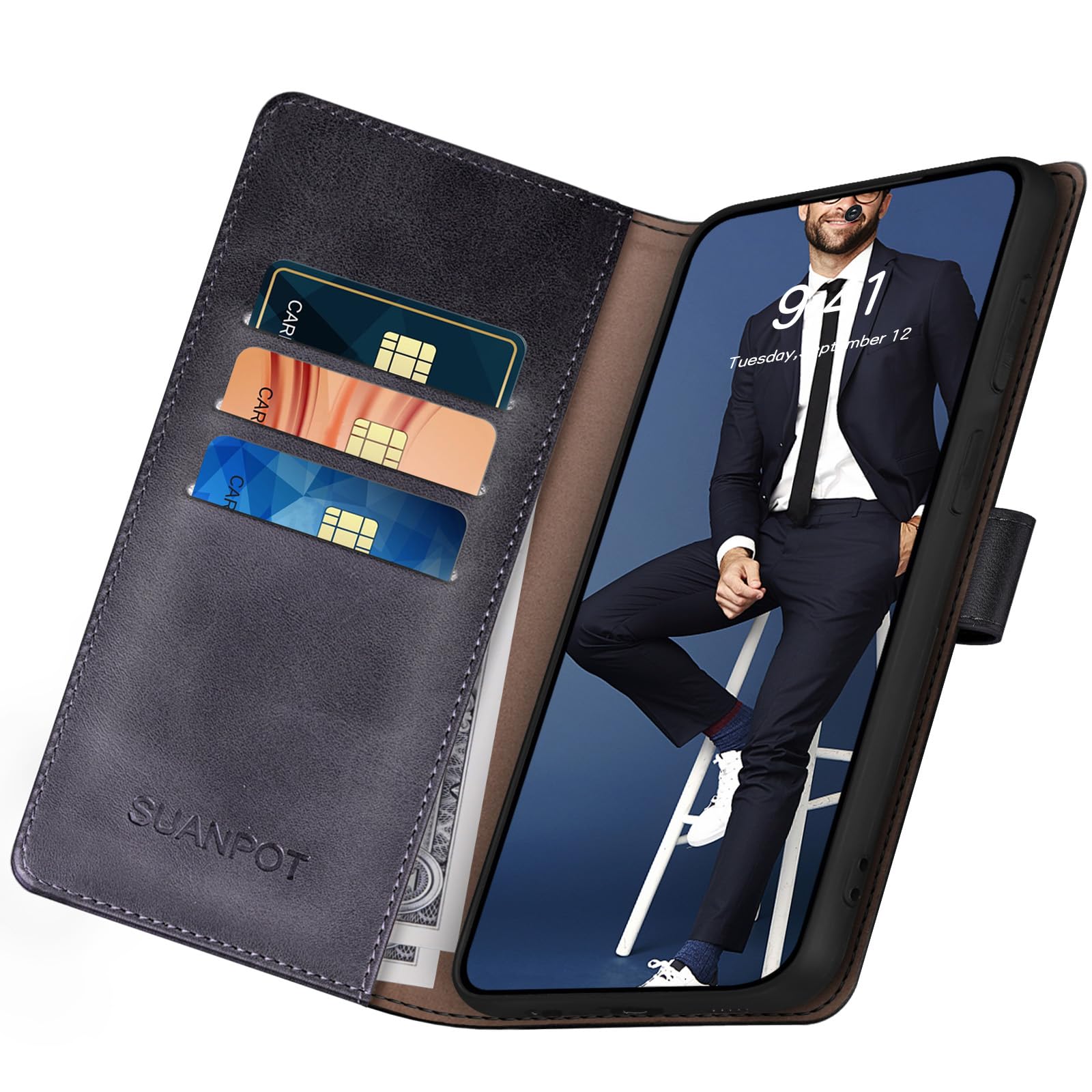 SUANPOT Funda para Xiaomi Mi 14T con Tapa【Bloqueo RFID】de Cuero PU Cierre Magnético，Soporte Plegable，Ranura para Tarjeta Cover para Mi 14T Phone Case Negro