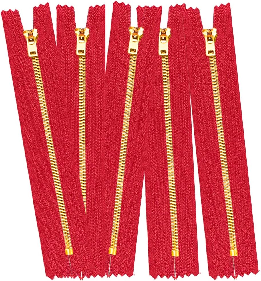 2 5 10 pcs Jeans Zippers #5 Brass Closed Bottom Metal Zippers with Locking Slider - Pink Blue Brown Burgundy Grey Black Green Natural Hot Pink Turquoise (9" - 10 Zippers, Brown)