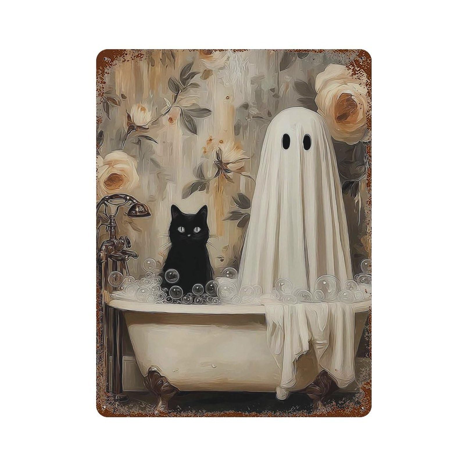 xiaoxiaoshen Quirky Ghost Black Cat Bath Humorous Halloween Whimsical Animal Spooky Victorian Wall Decor Art Metal Tin Poster Modern Home Decor Art Home Bar Shop Decorations Vintage Sign 40x30cm