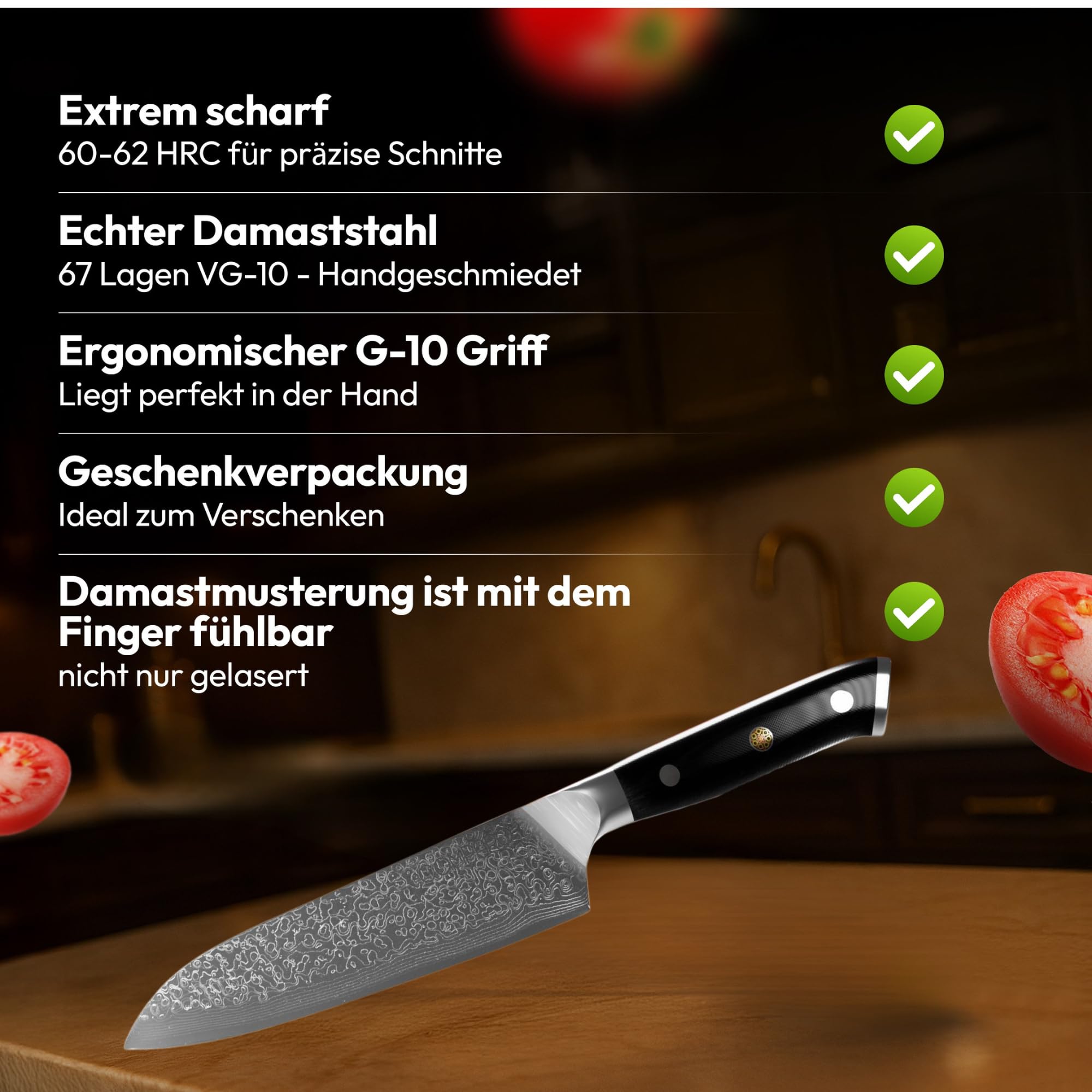 Santoku Damastmesser 18cm,Profi Kochmesser aus 67 Lagen VG10 Stahl | Handgeschmiedete Klinge, Echte Damastmusterung, G-10 Griff, Japanisches Kochmesser Extrem Scharf, Test "SEHR GUT"