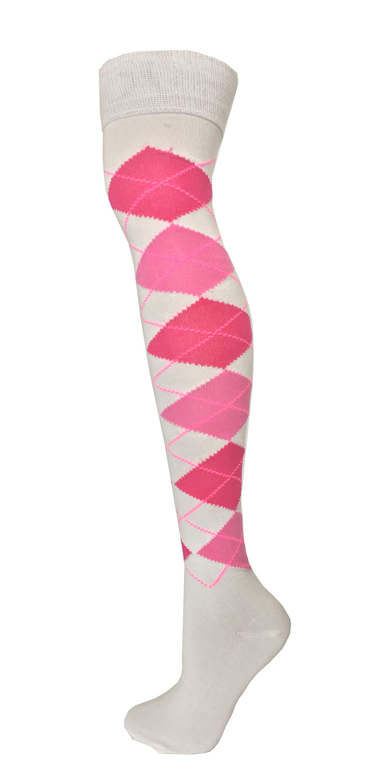 Cotton Rich Over The Knee Argyle Diamond Design Socks (FUCHSIA PINK ON WHITE)