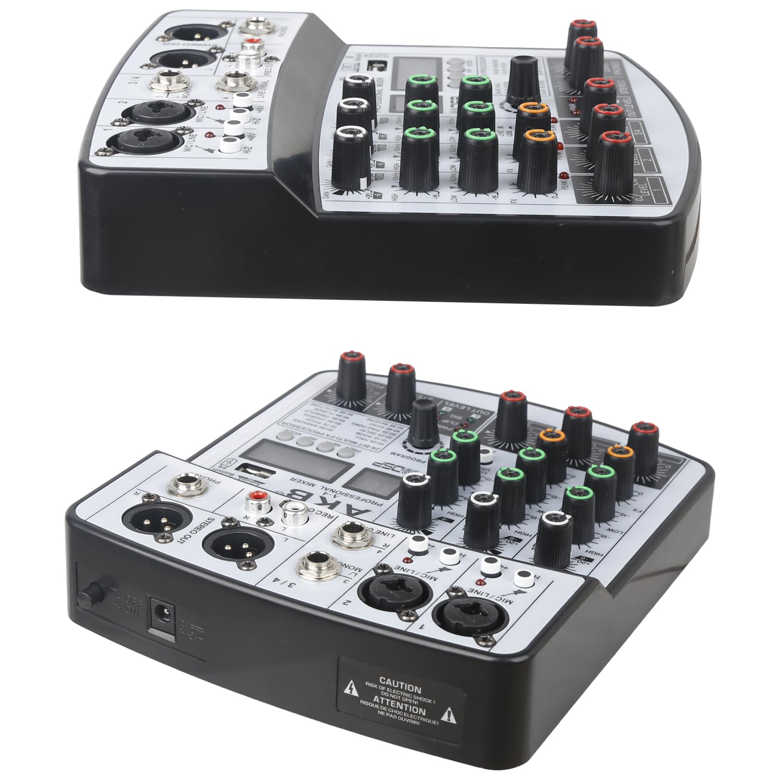 Mixer DJ a 4 canali audio mixer scheda audio con Bluetooth, interfaccia audio USB con 48 V Phantom Power Sounds Mixer Board con 99 DSP FX Riverbero Delay Effect