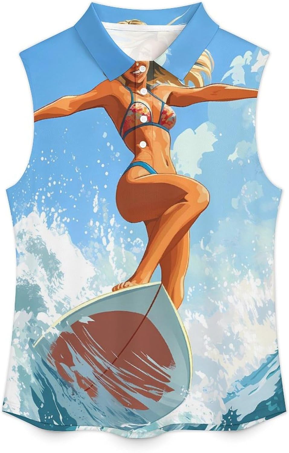 Bikini Girl Surfer Surfing Womens Golf Shirts Print Polo Shirt Sleeveless Tank Top Casual Work Blouses