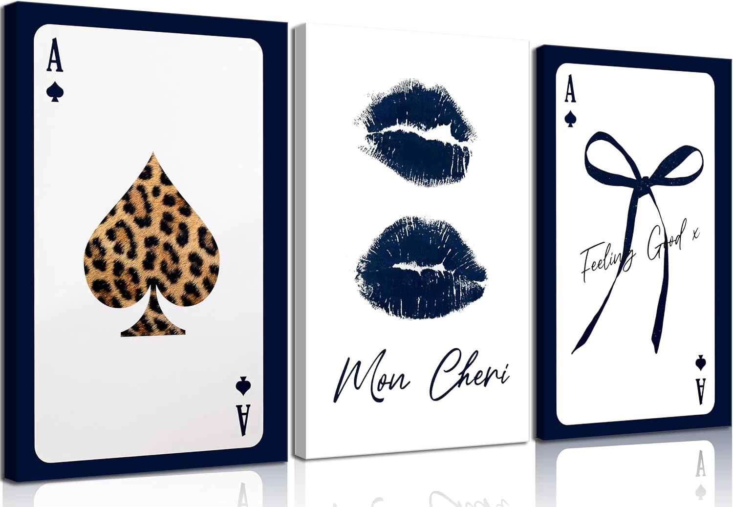MAVGOUUY 3Pcs Trendy Navy Blue Coquette Canvas Wall Art, Preppy Leopard Ace of Spades Poker Kiss Lips Bows Poster Print, Positive Quote Wall Decor Artwork for Living Room Girls Bedroom Dorm Home Decoration