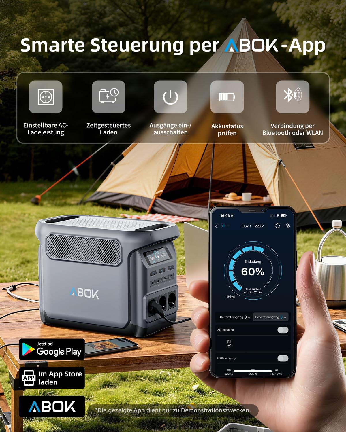 ABOK Elux 1 Tragbare Powerstation 1024Wh LiFePO4, 1800W AC, 0-80% in 39 Min | Solargenerator mit USV & App-Steuerung, bis 5,1 kWh erweiterbar - ideal für Zuhause, Camping, Wohnmobil & Notstrom