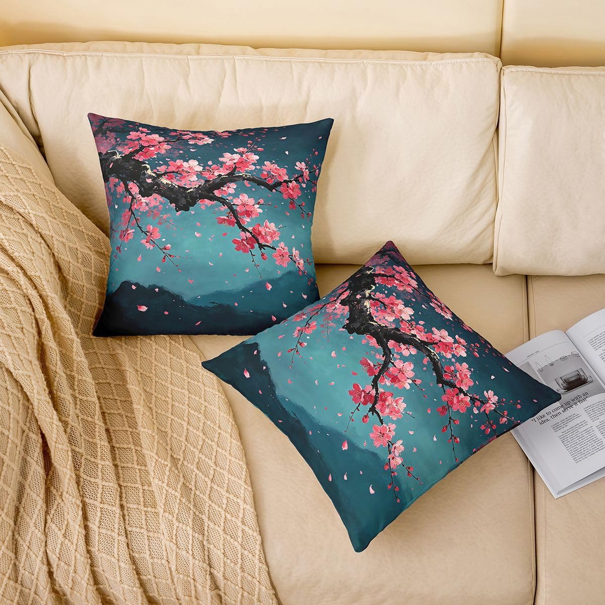 Feelyou Cherry Blossom Throw Pillow Covers Set of 2 Flower Floral Decorative Pillowcase Japanese Anime Cushion Covers for Sofa Couch Bed Cushion Case Home Decor 16 x 16-Inch image 2