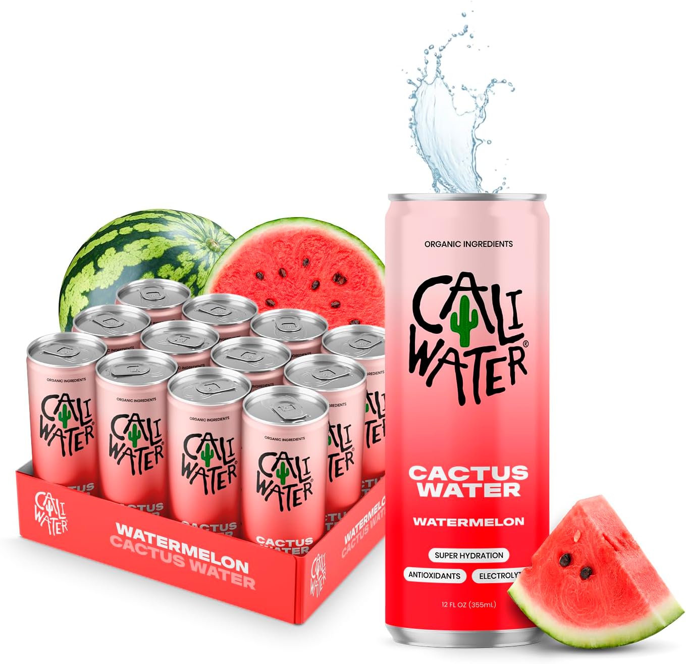 CALIWATER Organic Cactus Water 12 Pack (Watermelon) Coconut Water Alternative - 5 Electrolytes, 7g of Sugar, 35 Calories - Natural Plant Based Hydration - Skin Care Benefits - Non GMO - 12 fl oz