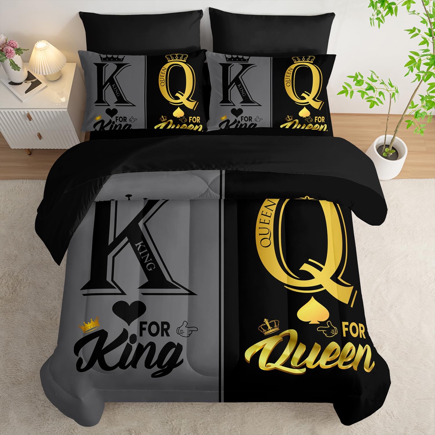 King and Queen Crown Comforter Set Black and Gray Couple Bedding Set,7Pcs Mr Mrs Comforter Set for Adults Couple Men Women,Light Bedding Set 7 Piece in A Bag,Bed Sheet Set Decor KING All Seasons - Image 4