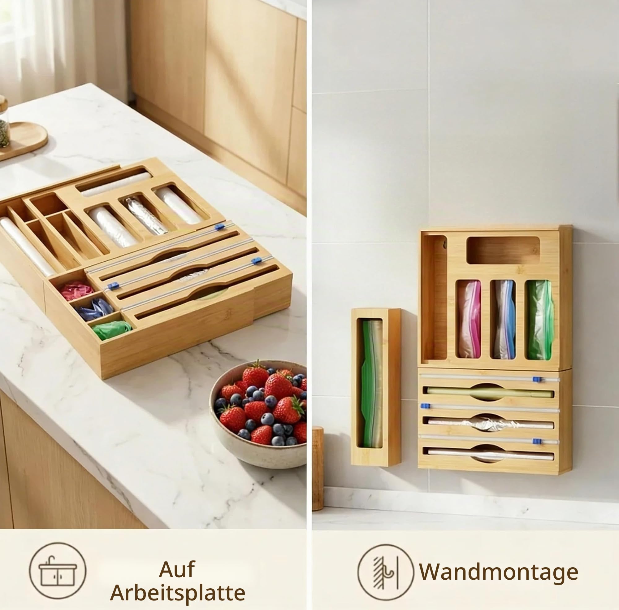 Bambus-Folien- und Frischhaltefolien-Organizer mit Schneider, Ziplock-Beutel-Organizer mit Schneider für Küchenschublade, Spender kompatibel mit Gallonen-, Quart-, Sandwich-, Snack-Beuteln in