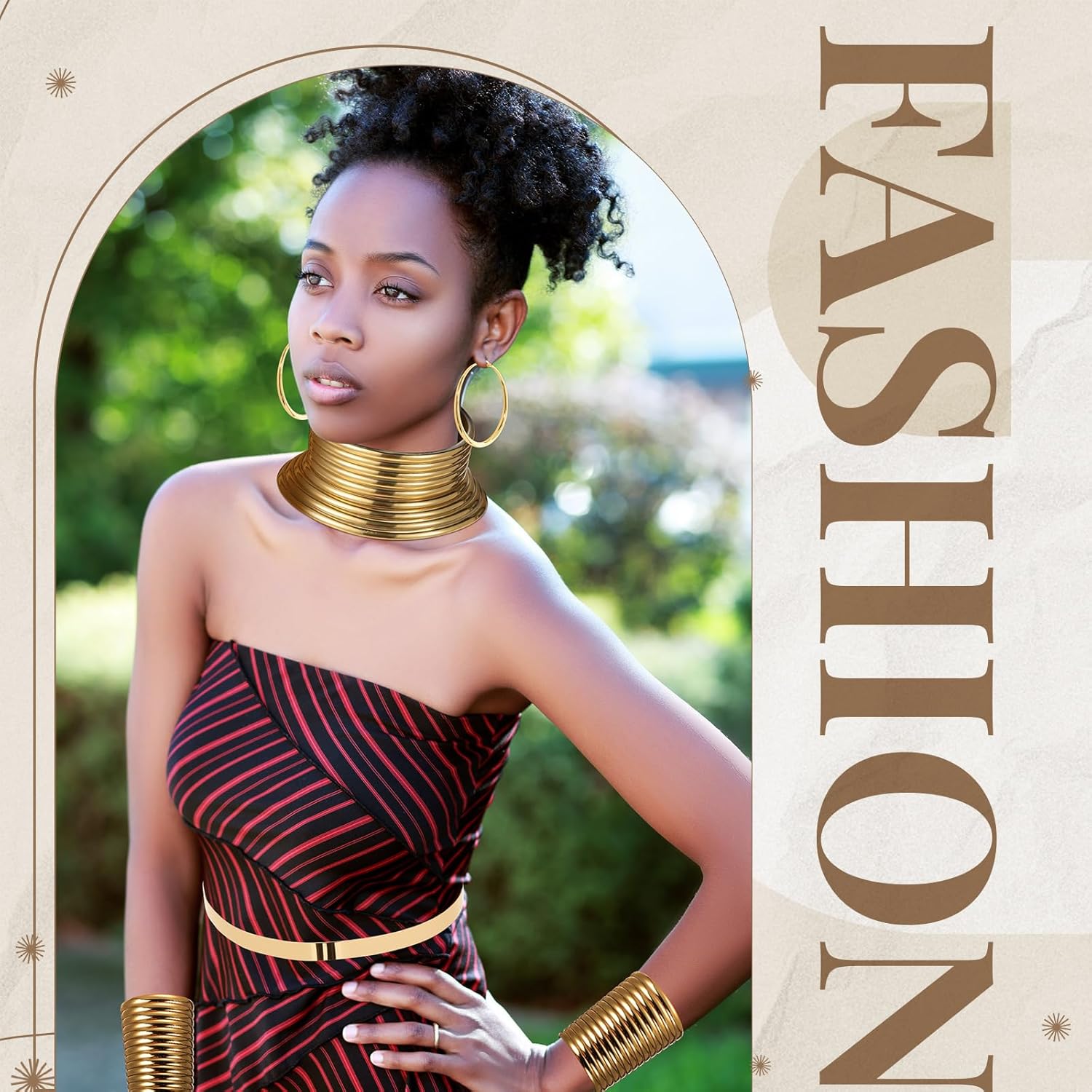 Sureio 4 Pcs African National Jewelry for Women Metal Waistband Choker Collars Leather Bracelet Gold Earring Halloween Cosplay Accessories Set - Image 8