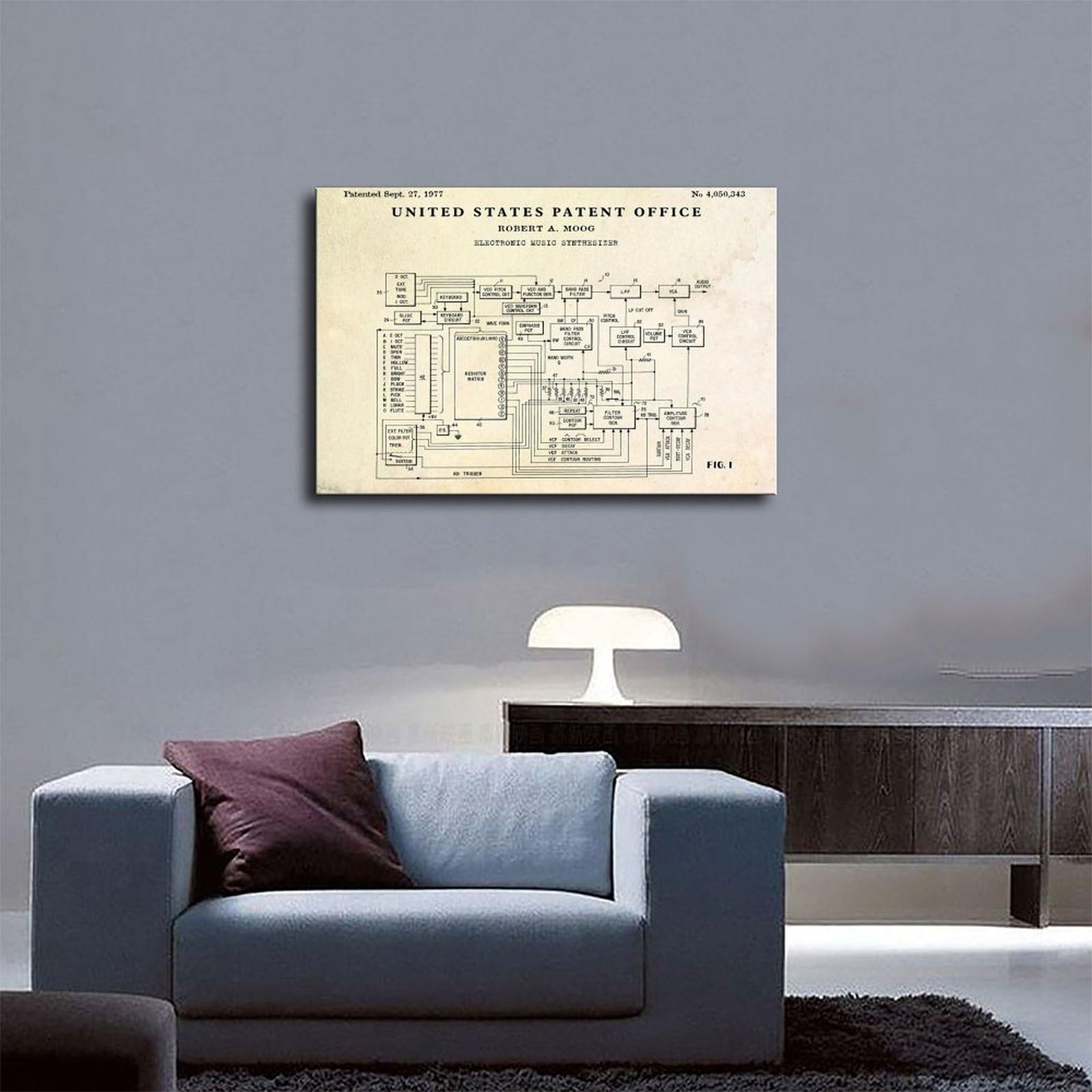 WLQZFRWV Poster su tela con sintetizzatore di musica elettronica del 1977, decorazione per camera da letto, ufficio, stanza, regalo, 40 x 60 cm