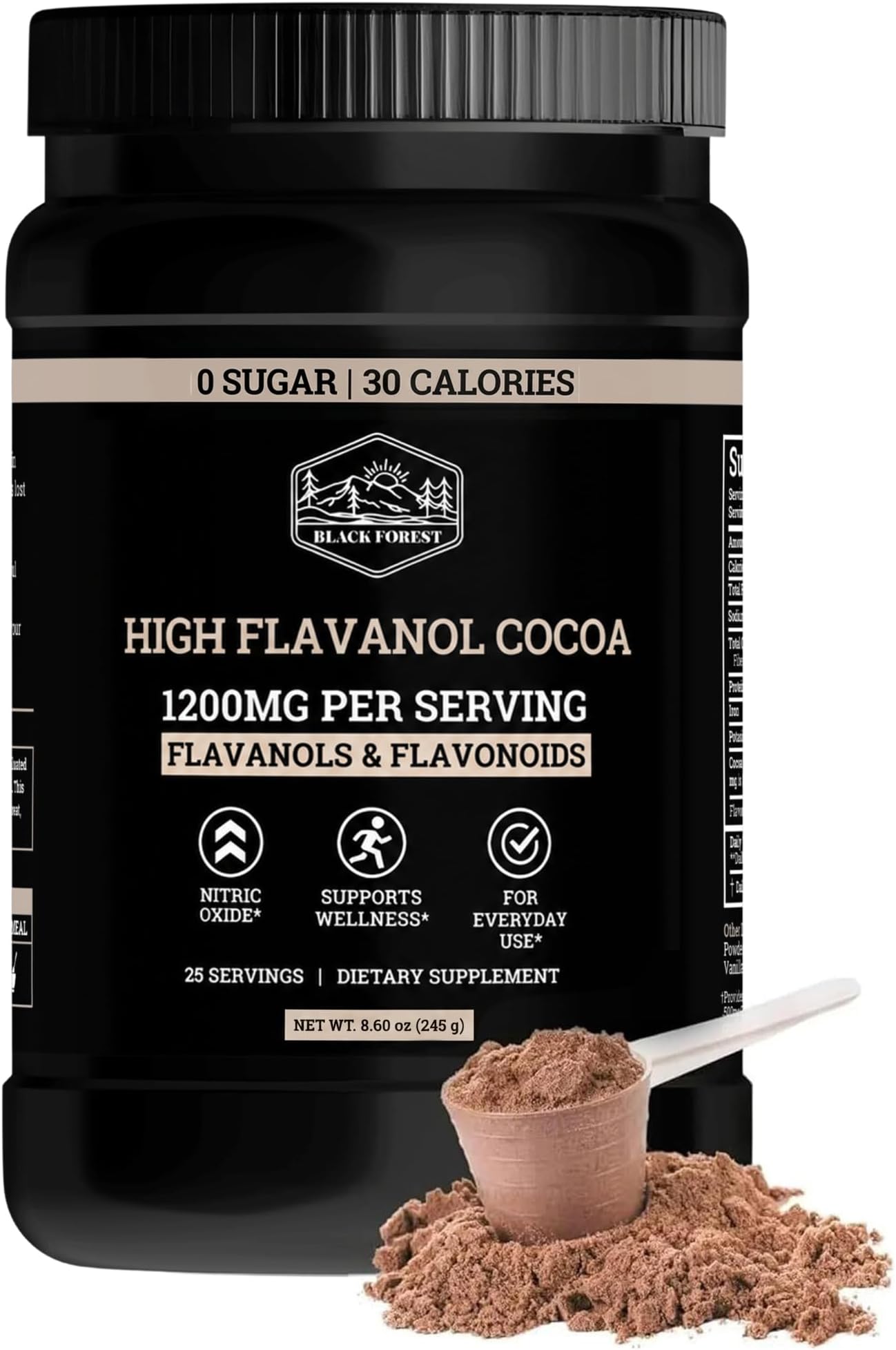 Black Forest High Flavanol Cocoa Powder - 1200mg Flavanols & Flavonoids with 600mg Epicatechin - 10X Concentrated Dark Cocoa Extract for Nitric Oxide and Wellness Support - Non-GMO Vegan