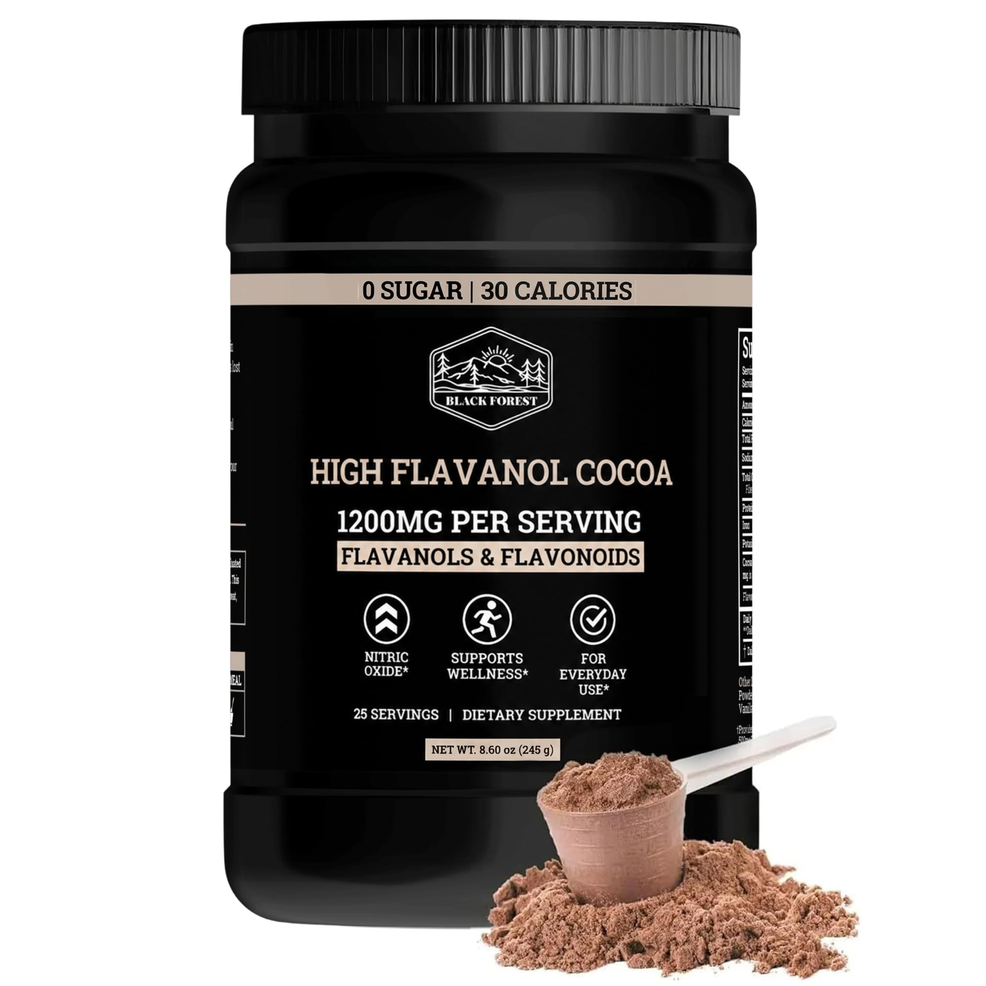 Black Forest High Flavanol Cocoa Powder - 1200mg Flavanols & Flavonoids with 600mg Epicatechin - 10X Concentrated Dark Cocoa Extract for Nitric Oxide and Wellness Support - Non-GMO Vegan