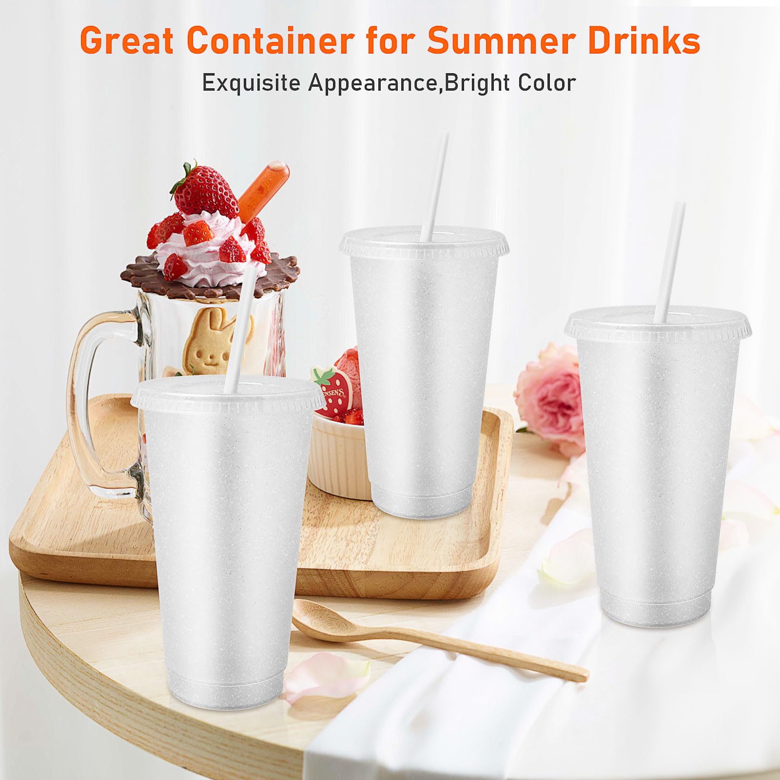24 tazas reutilizables con tapas y popotes, vaso de café helado con purpurina de 24 onzas, taza de viaje de plástico para jugos de licuados, suministros de fiesta de cumpleaños (transparente)
