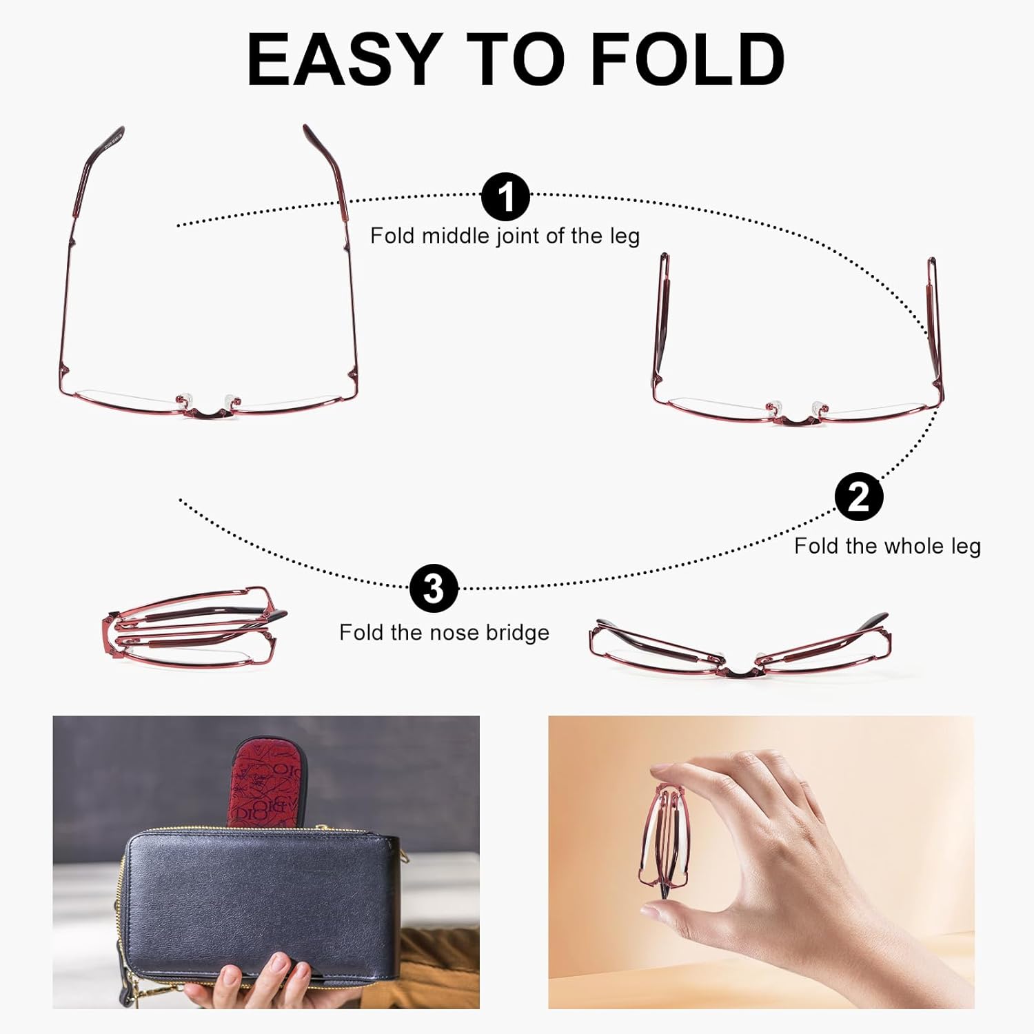 DXYXYO 2 Pack Folding Reading Glasses for Women Men, Half Rimless Small Pocket Metal Readers Blue Light Blocking - Image 4