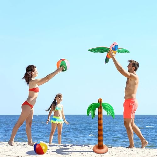 Miniatura 6 de Ruisita Juego inflable de 57 piezas para fiesta Luau, incluye palmeras inflables, plátano, bolas de playa, flamenco, juguetes de flamenco, loro