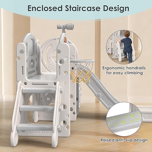 Miniatura 5 de BIERUM Tobogán 10 en 1 para niños pequeños de 1 a 3 años con lanzamiento de anillo, aro de baloncesto y casa de juegos en autobús, juego para