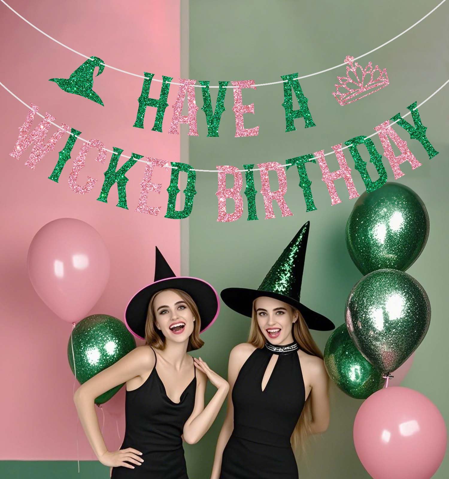 Have A Wicked Birthday Banner - Pink And Green Witch Theme Party Decorations With Glitter