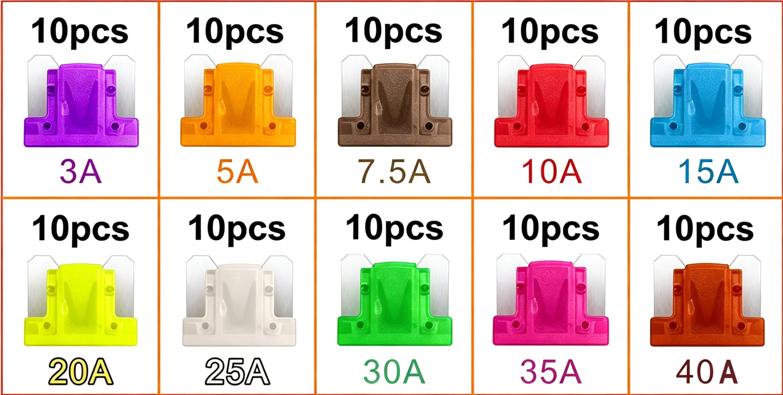 Zestaw bezpieczników samochodowych o niskim profilu, 100 sztuk, małe bezpieczniki samochodowe, bezpieczniki płaskie (3 A/5 A/7,5 A/10 A/15 A/20 A/25 A/30 A/35 A/40 A)
