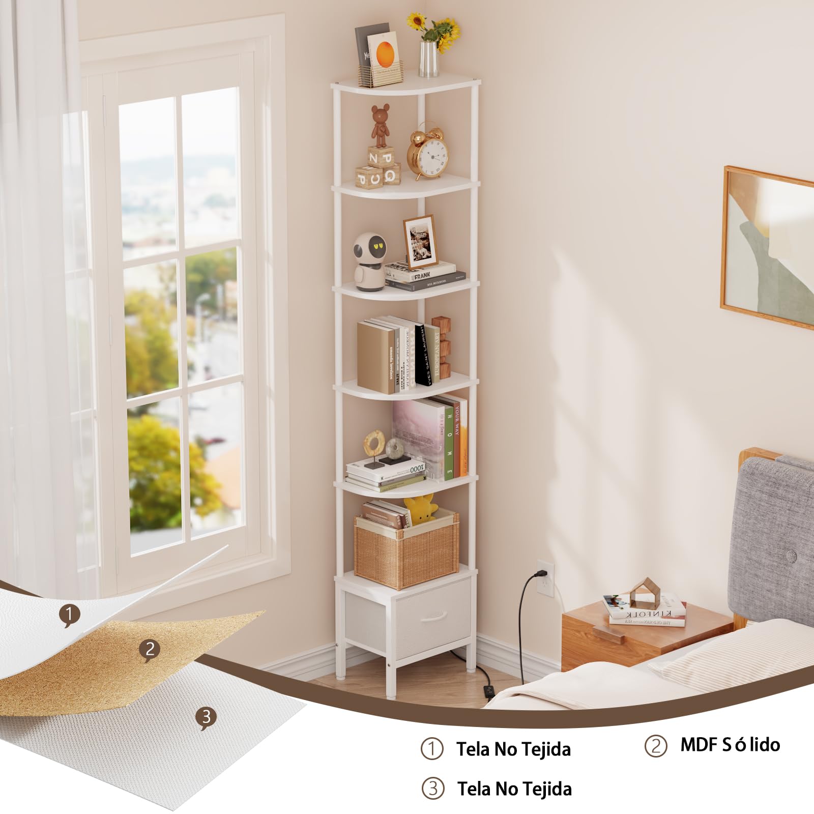 Librería de Esquina con Cajón y Luz LED, Estantería Alta de 6 Baldas (191 cm), Estrecha para Salón o Dormitorio, Cajón de Tela, Blanco