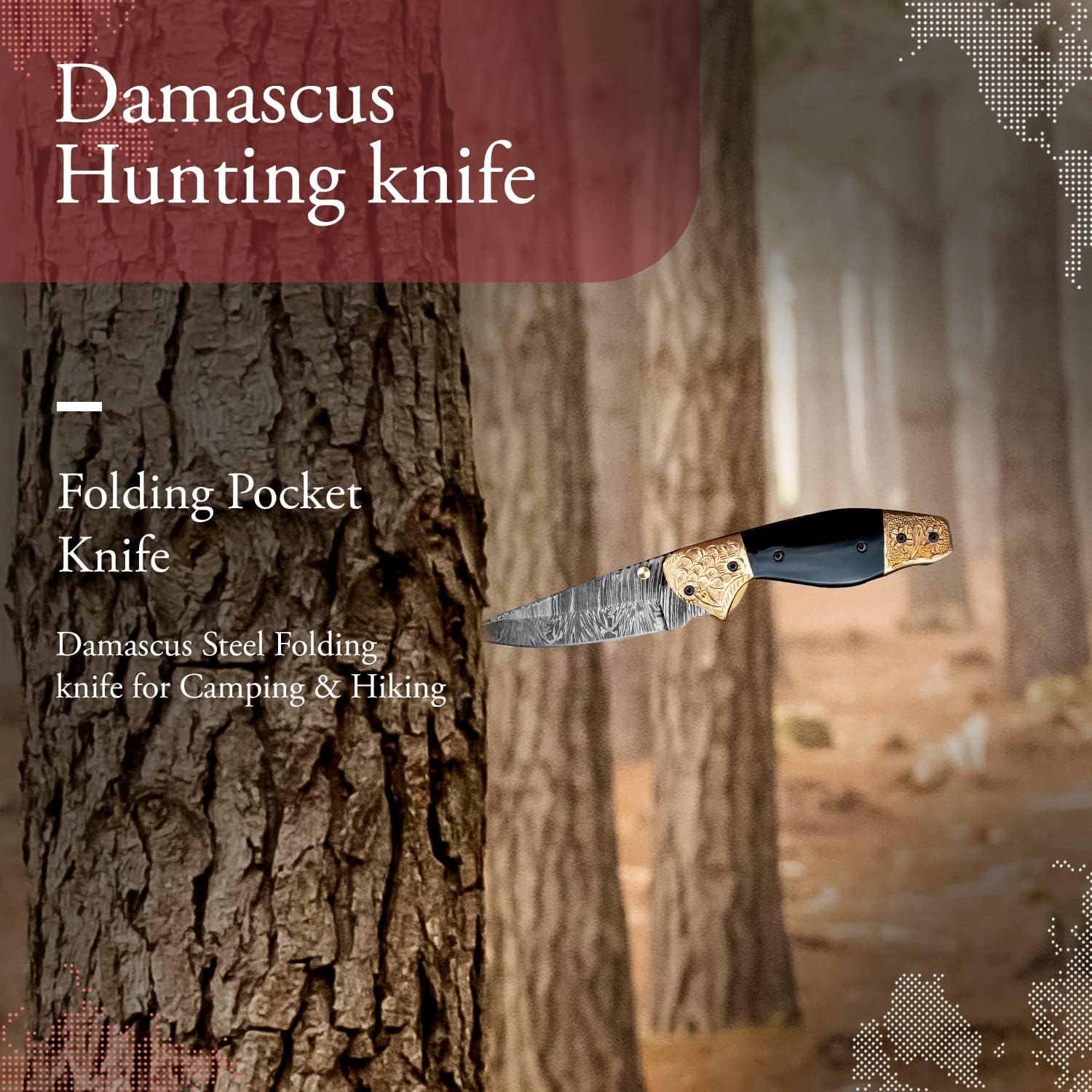 Morf Steelware Personalized Sheath Damascus Folding Pocket Knife, Damascus Hunting knife, Handmade Damascus Steel Folding knife for Camping & Hiking (Black Horn Cooper Handle)