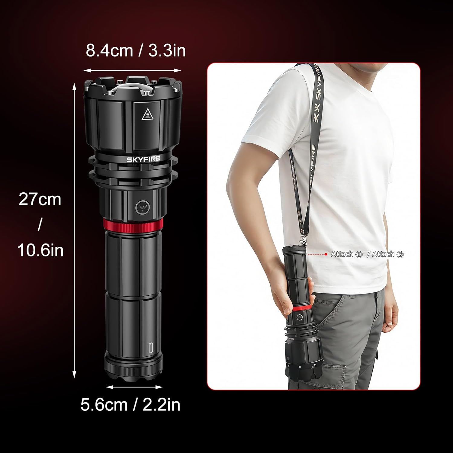 SKYFIRE Rechargeable Flashlights High Lumens with Ignition Lens,20000mAh Super Bright Flashlight with Shoulder Straps,Waterproof Led Tactical Flash Light for Camping Outdoor Emergency