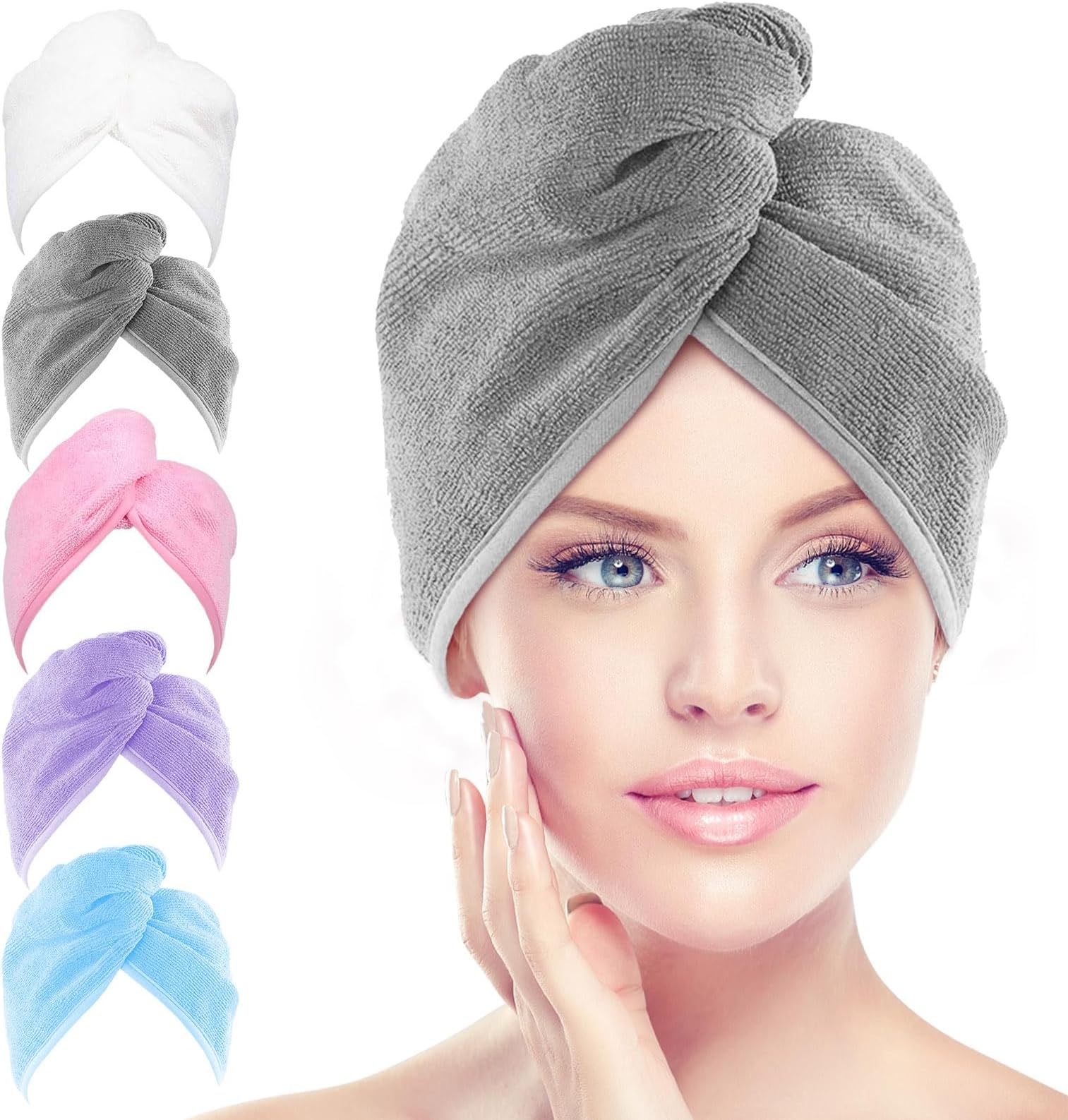AIDEA Microfibre Hair Towel Wrap, 5 Pack Hair Turbans, Super Absorbent Quick Dry Hair Towel Wrap for All Hair Types Anti Frizz, 25x66CM