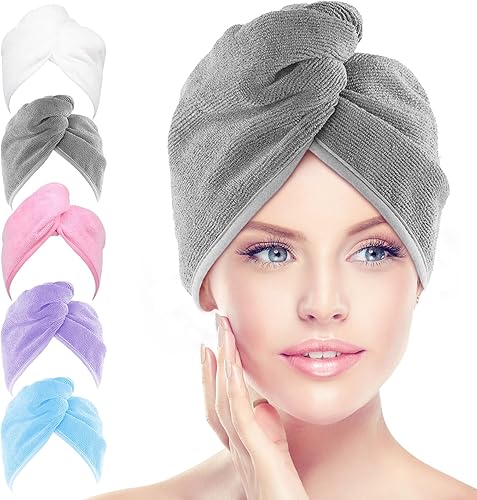 AIDEA Toalla de microfibra para el cabello, paquete de 5 turbantes, súper absorbentes, de secado rápido para todo tipo de cabello, accesorios
