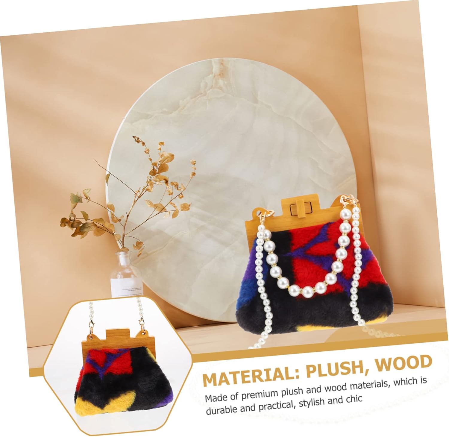 VALICLUD 1pc Creative Plush Handbag Beaded Chain Storage Bag for Shopping Travel and Daily Use Random Color