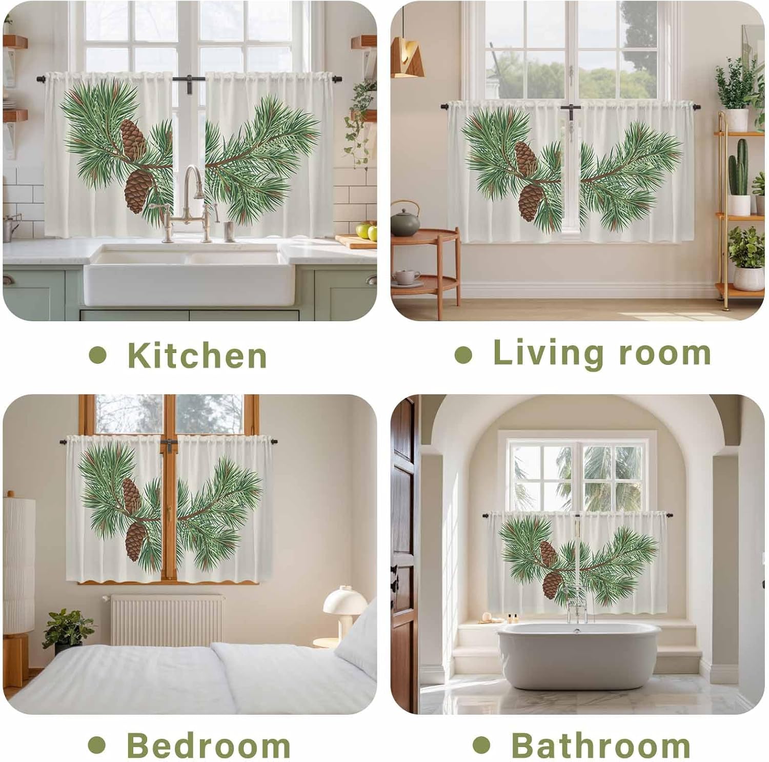 Green Pine Leaves Christmas Kitchen Tier Curtains 45 Inch Long 2 Panel Set,Rod Pocket Short Window Treatment,Xmas Botanical Pine Cones Curtains & Drapes for Bathroom Basement 27.5"W x 45"L