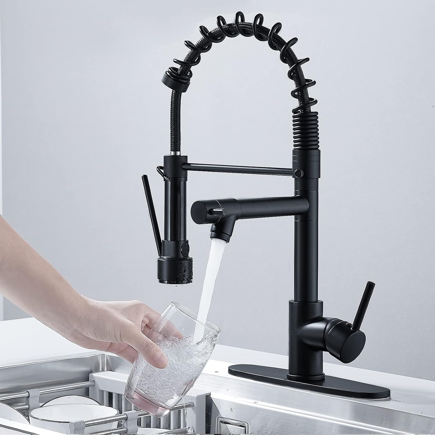 BASDEHEN Faucet Kitchen Sink with Sprayer Black Bifunctional Spring Commercial Kitchen Sink Faucets Solid Brass with 10 Inch Mounting Table 1 Hole Or 3 Hole Compatible… B09G6M4MZP