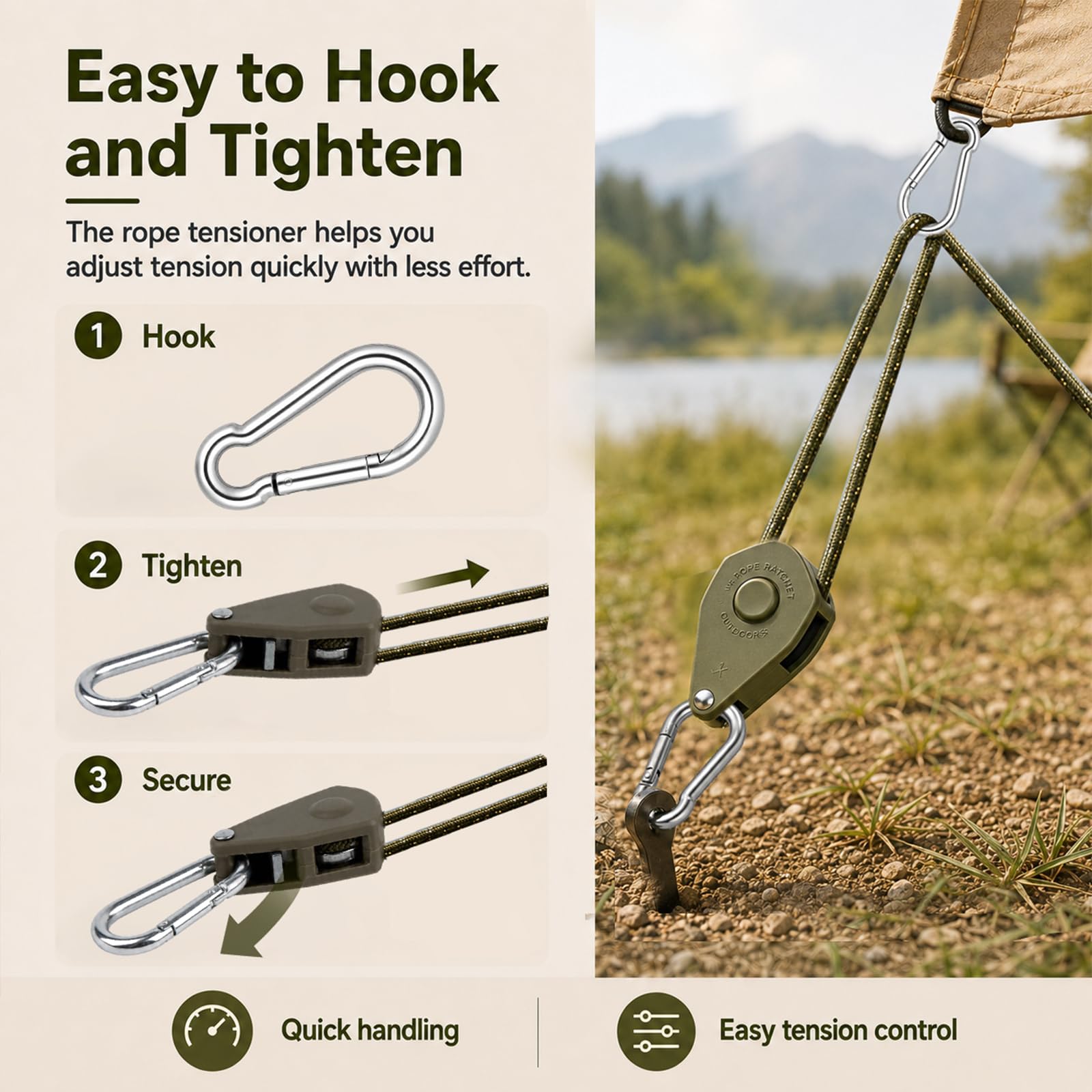 4M - Vientos reflectantes con tensor de cuerda, 8 vientos para camping, vientos para vela de sol negra, cuerda de tienda de campaña con tensor, accesorios para tienda de campaña, fácil de