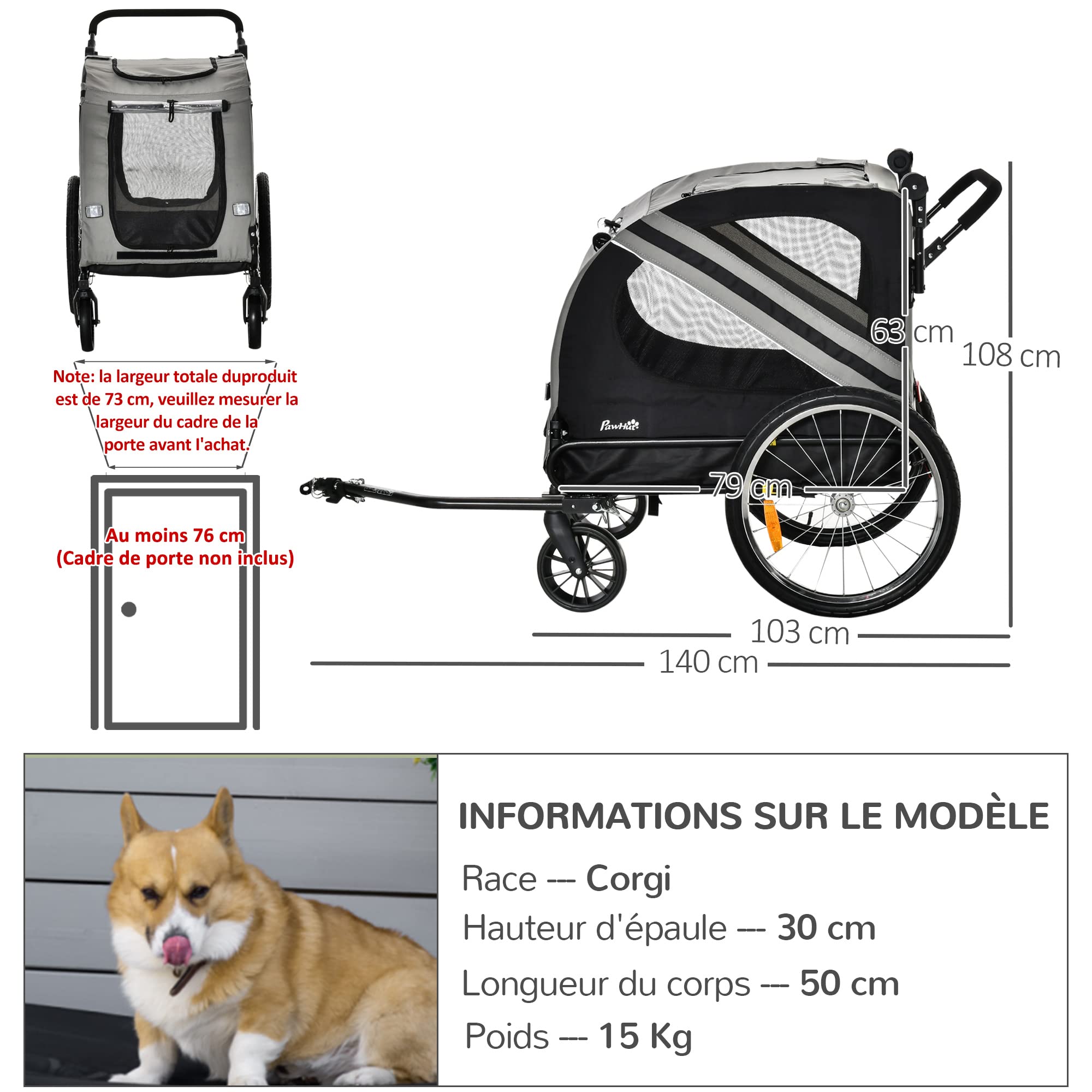PawHut Remorque à vélo pour Chien Convertible Jogger 2 en 1 pour Animaux avec Drapeau réflecteurs