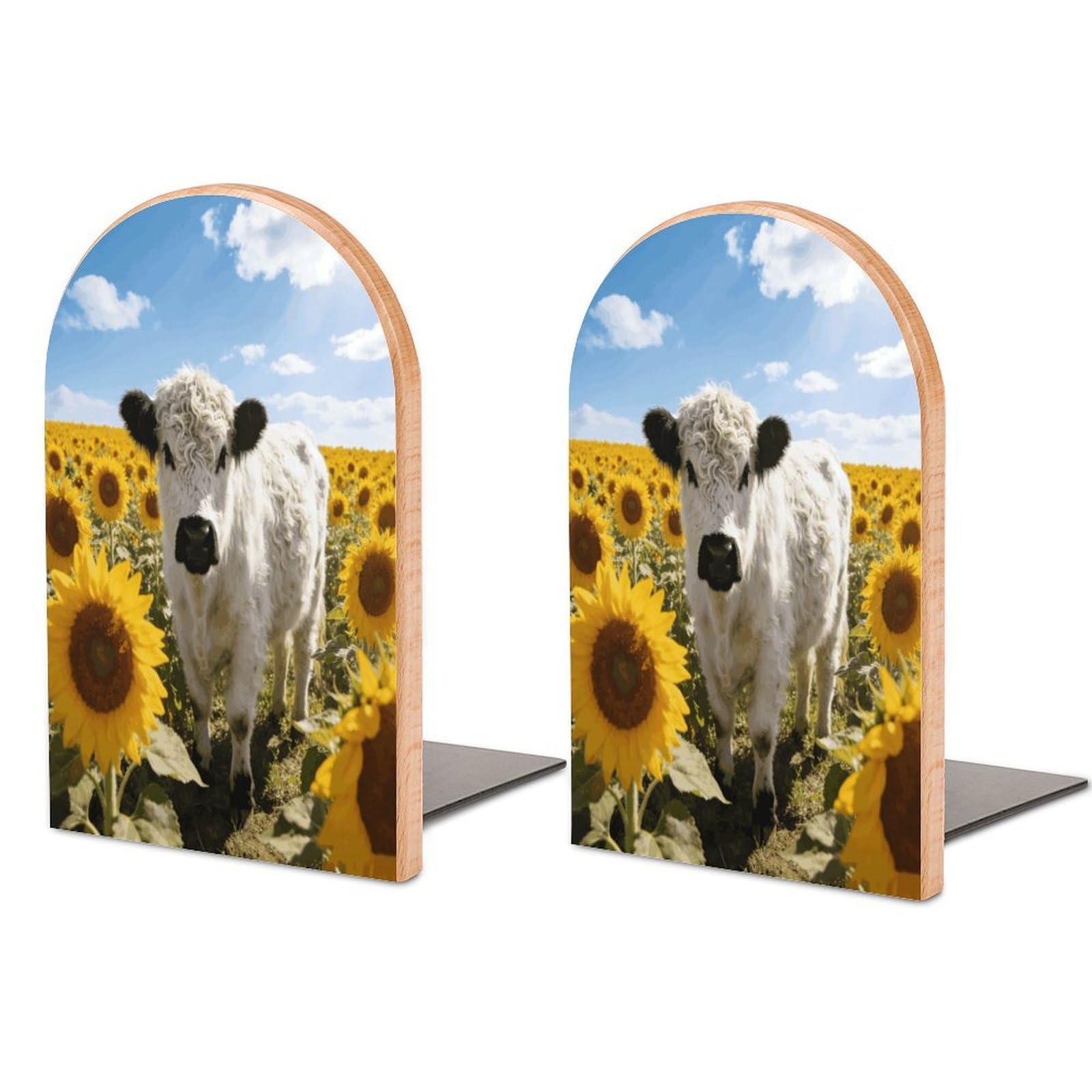 Western Highland Cow Sunflowers Book End for Shelves Book Shelf Holder Home Decorative Non Skid Book Stoppers Universal Economy Bookend Wood Handmade Heavy Duty Bookend for Home Office 1 Pair