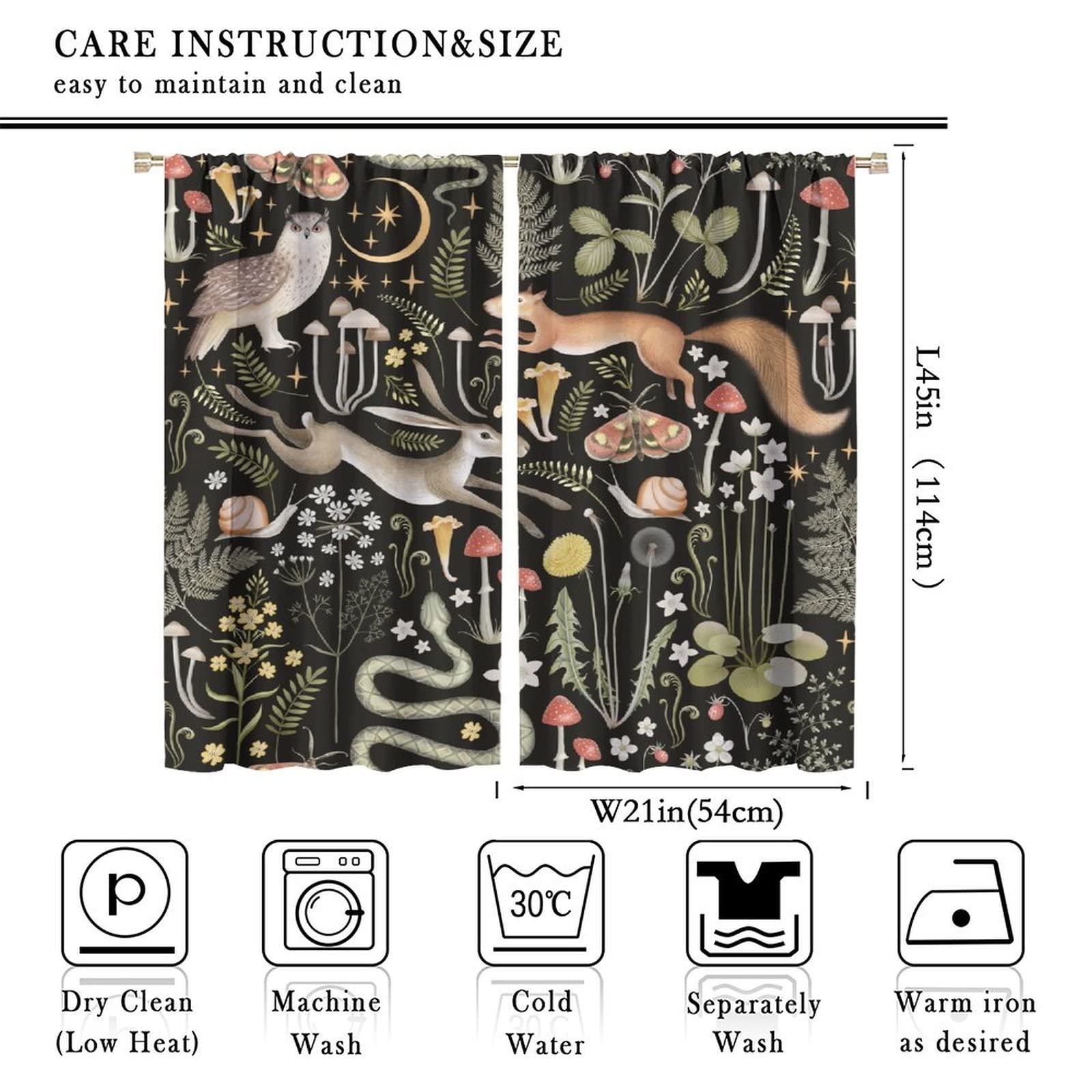Farmhouse Forest Curtains, Fairy Tale Woodland Wild Animals Moths Owl Snake Window Drapes, Cartoon Flowers Mushroom Moon Star Print Blackout Window Treatments for Living Room Kids Bedroom 42x45 Inch