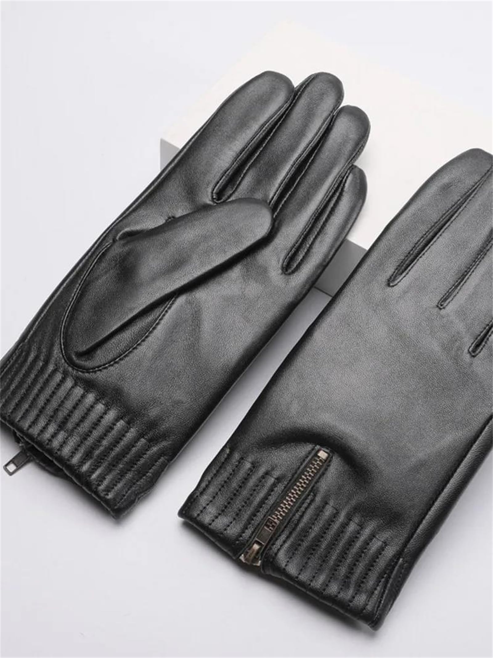 Guantes de piel de oveja auténtica para hombre, color negro, para pantalla táctil, forro polar, guantes de conducción cálidos para invierno